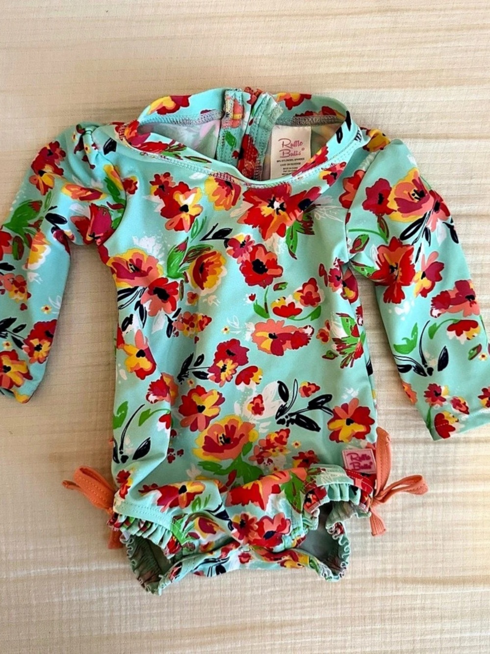 RuffleButts Long Sleeve One-Piece Rash Guard Swimsuit Floral One-Piece 3-6 mo
